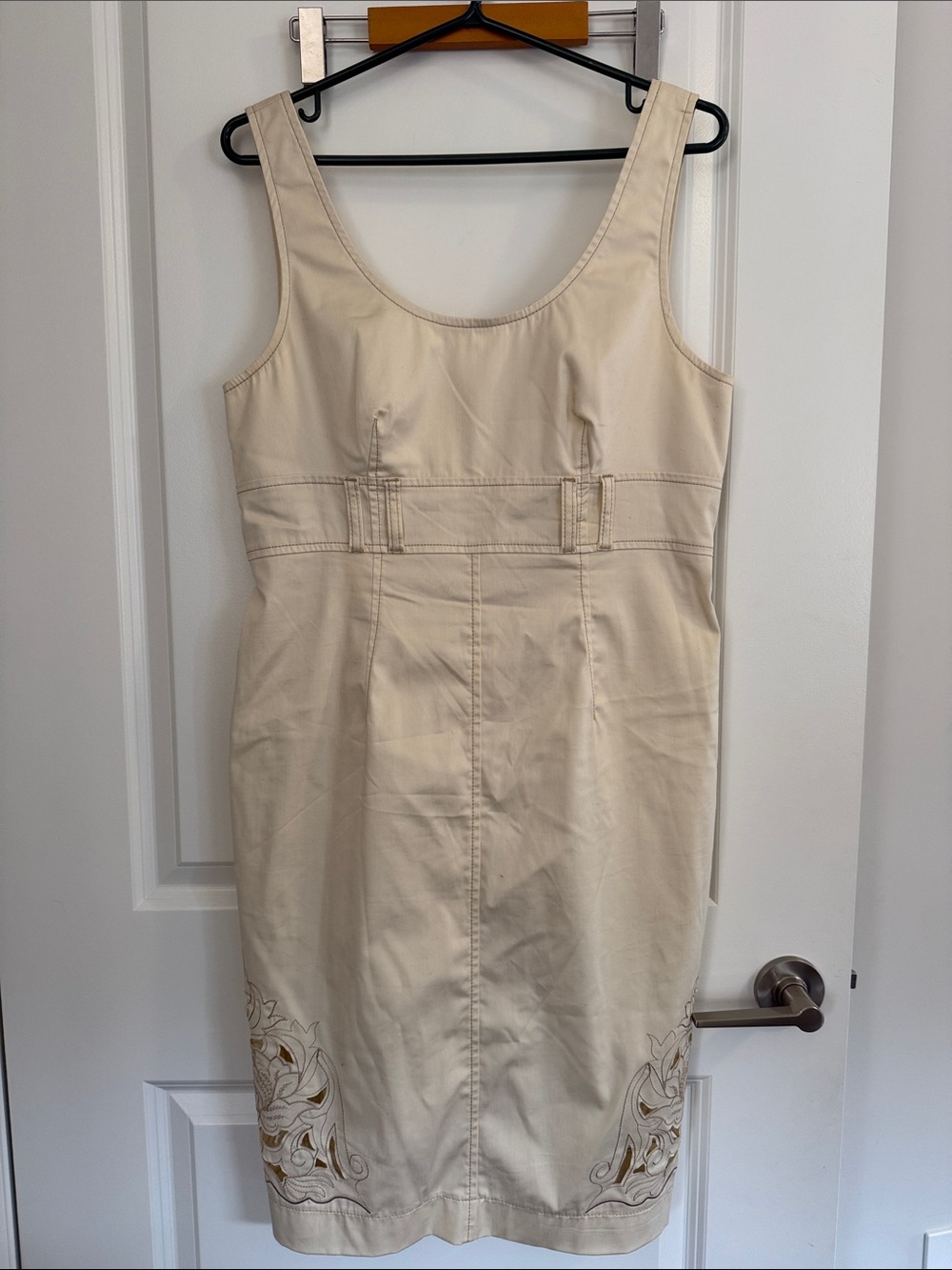 Sleeveless Cream Embroidered Midi Sheath Dress